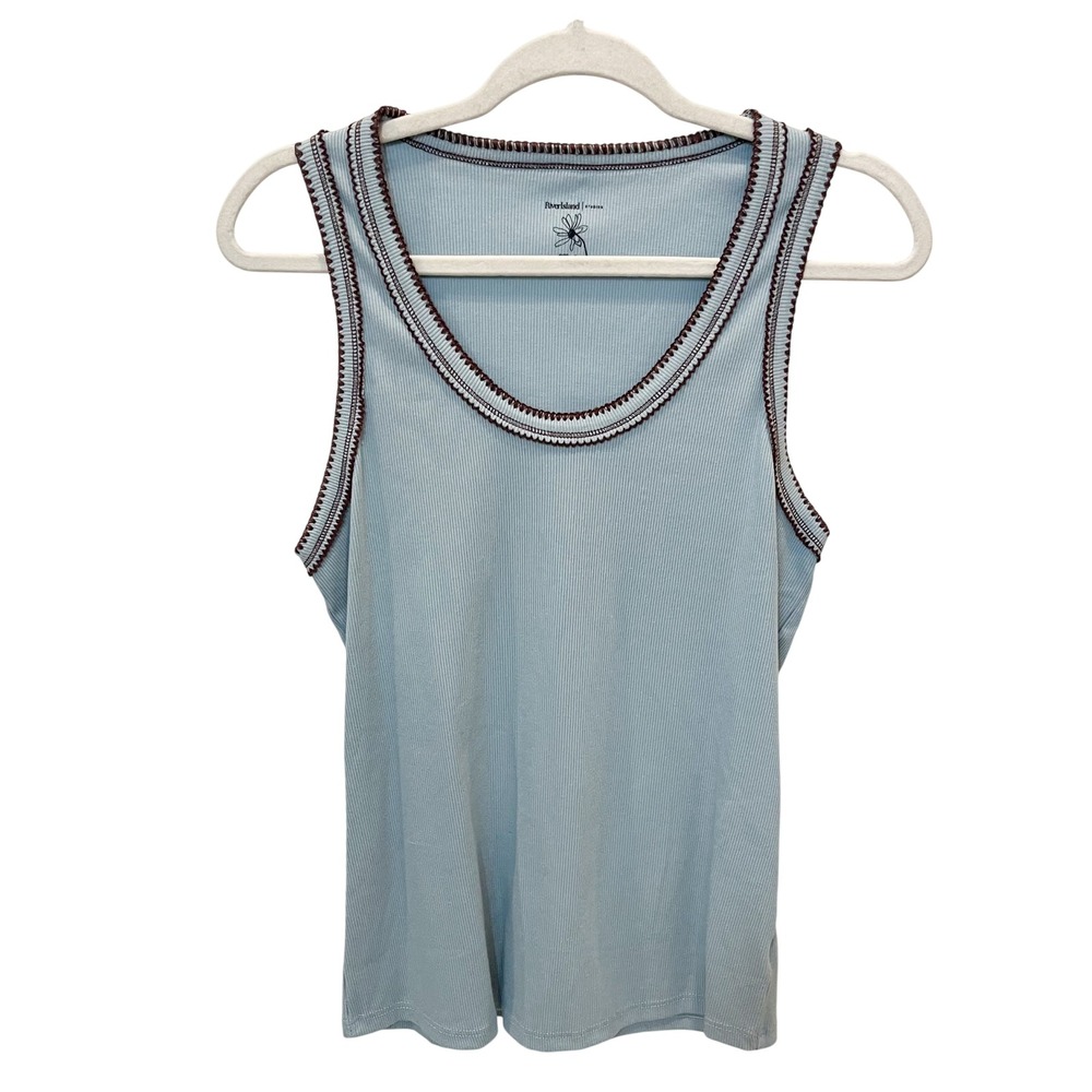 River Island Ribbed Tank Top Light Blue & Brown Whipstitch Trim Boho Size Large